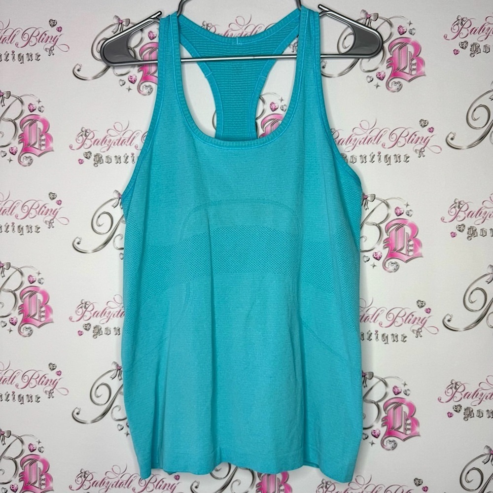 Lululemon shirt stretchy yoga rare racer back logo silver Turquoise Tank Top